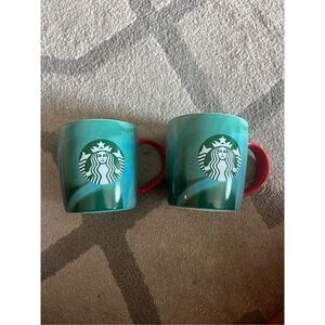 Set of 2 Starbucks 2024 Christmas Green Marbled Coffee Mug Red Handle